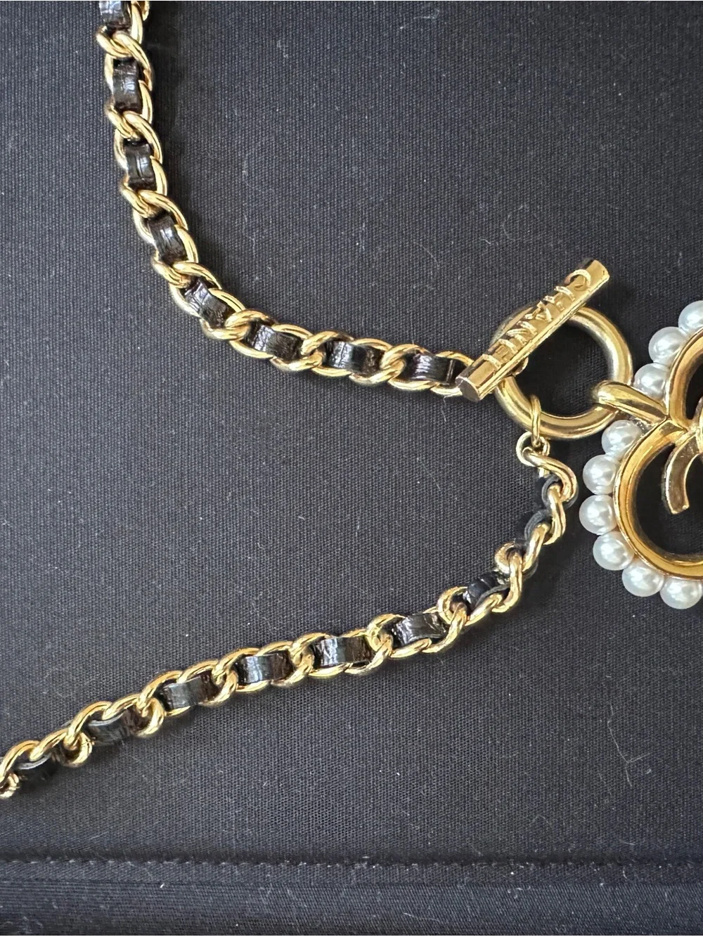 CHANEL Gold and Black Heart CC Pendant Necklace with Pearls